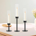 Taper Candle Holder Set, Black with Glass Hurricane – Modern Candlestick Holders for Dining Room Decor, Wedding Decor, Fall Centerpieces for Tables, Warmly Gift for Halloween and Christmas Season.
