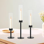 Taper Candle Holder Set, Black with Glass Hurricane – Modern Candlestick Holders for Dining Room Decor, Wedding Decor, Fall Centerpieces for Tables, Warmly Gift for Halloween and Christmas Season.