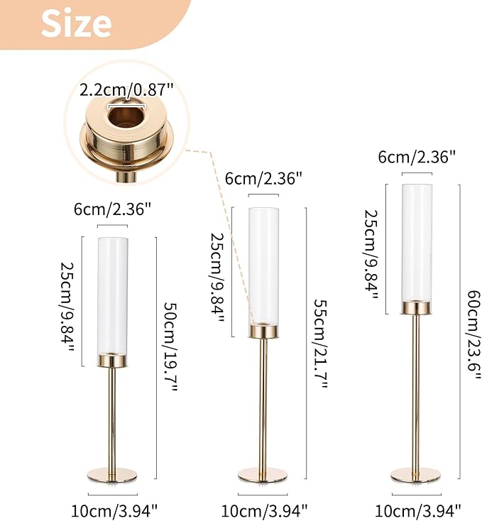 NUPTIO Gold Taper Candle Holders: Set of 3 Tall Hurricane Candlestick Holder with Open Ended Clear Glass Covers Long Stem Metal Candle Stick Stand for Fall Thanksgiving Christmas Table Decor