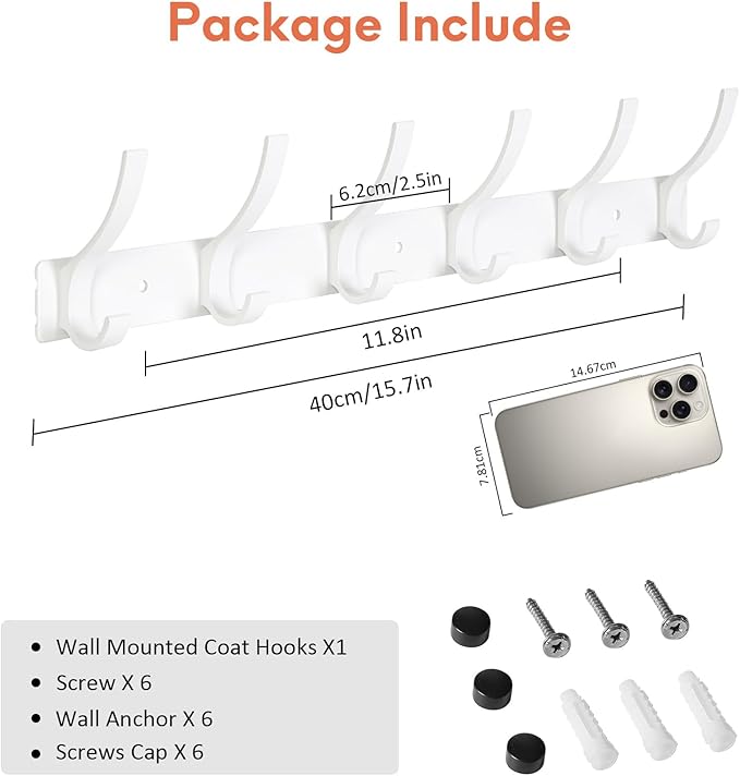 Coat Rack Wall Mount, Coat Hook Wall Mount, Wall Hooks for Hanging, Hat Rack for Walls, Coats Hanger with 12 Hook, Towel Hooks for Bathrooms (2 Pack, White)