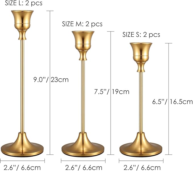 Candle Holders,Set of 6 Candlestick Holders for Taper Candles, Brass Gold Modern Decorative Candle Stick Holder for Table, Mantel, Wedding, Dinning, Housewarming Gift(Candles are not Included)