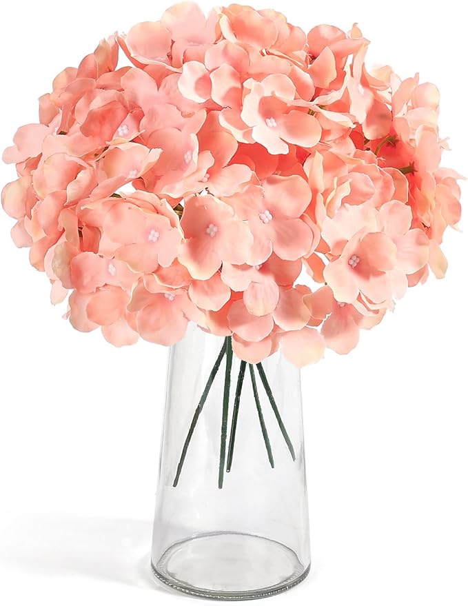 Auihiay 64 PCS Full Hydrangea Flowers, Silk Hydrangea Artificial Flowers Heads with Stems, Artificial Flowers for Wedding, Garden, Baby Shower, Party, Outdoor Indoor Decoration (Light Peach)