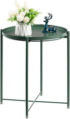 HollyHOME Round Metal Side Table, Outdoor Small Folding Accent Stand with Removable Tray, 17.72'' Portable End Table for Balconies, Gardens, Living Rooms and Bedrooms, Atrovirens