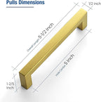 JOY DECOR 6 Pack Cabinet Handles, Gold Cabinet Pulls, 5 Inch Kitchen Closet Handles Square Drawer Pulls Stainless Steel Drawer Hardware, 128mm Hole Centers