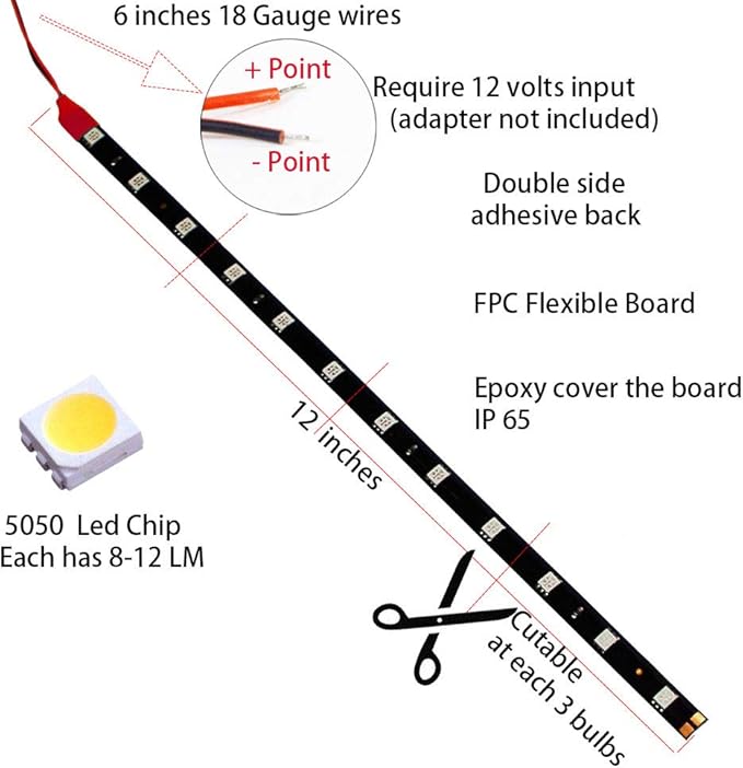 DC 12V Waterproof 1Ft 12 LED Strip Underbody Light with 6 inches Wires for Motor (Red,Pack of 6)
