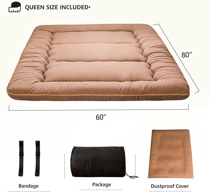 MAXYOYO Japanese Floor Mattress Futon Mattress, Thicken Tatami Mat Sleeping Pad Foldable Roll Up Mattress Boys Girls Dormitory Mattress Pad Kids Floor Lounger Bed, Light Brown, Queen Size