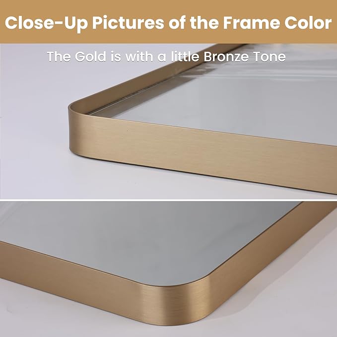 LOAAO 40"X32" Gold Bathroom Mirror, Rounded Rectangle Gold Frame Mirror, Brushed Gold Bathroom Vanity Mirror Wall-Mounted, Anti-Rust, Tempered Glass, Hangs Horizontally or Vertically