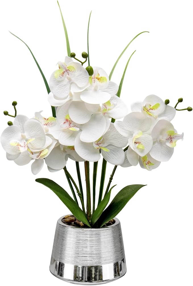 Artificial White Phalaenopsis Orchid Flower Arrangements Faux Orchid Flower in Silver Pot Orchid Centerpiece for Dining Room Table
