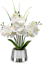 Artificial White Phalaenopsis Orchid Flower Arrangements Faux Orchid Flower in Silver Pot Orchid Centerpiece for Dining Room Table