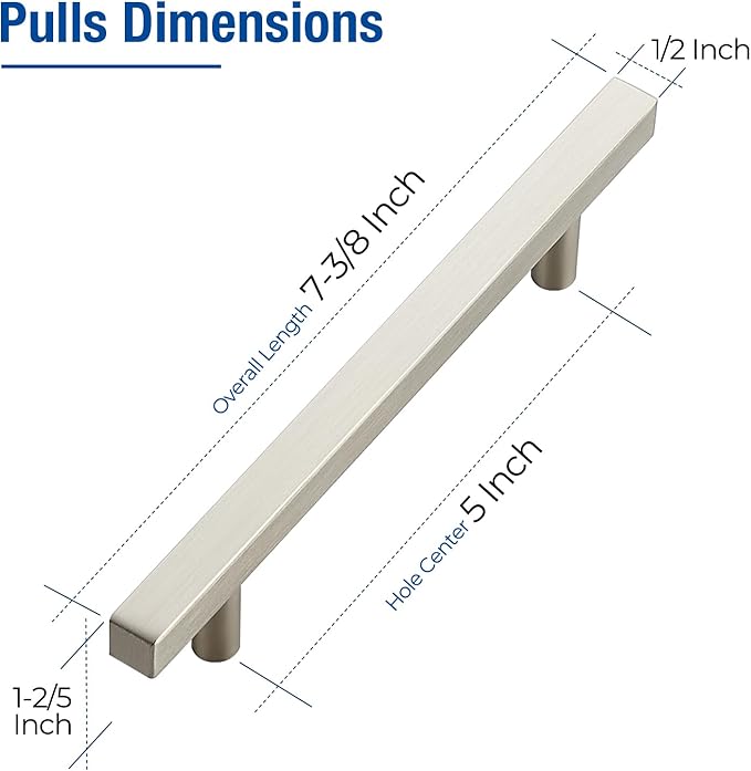 JOY DECOR 10 Pack 5 Inch Brushed Nickel Square Cabinet Handles Stainless Steel Cabinet Hardware Pulls for Kitchen and Drawers with 7-3/8 Inch Overall Length