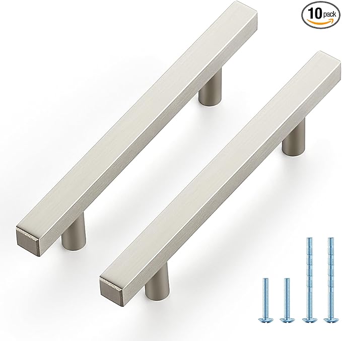 JOY DECOR 10 Pack 3-3/4 Inch Brushed Nickel Square Cabinet Handles Stainless Steel Cabinet Hardware Pulls for Kitchen and Drawers with 6 Inch Overall Length