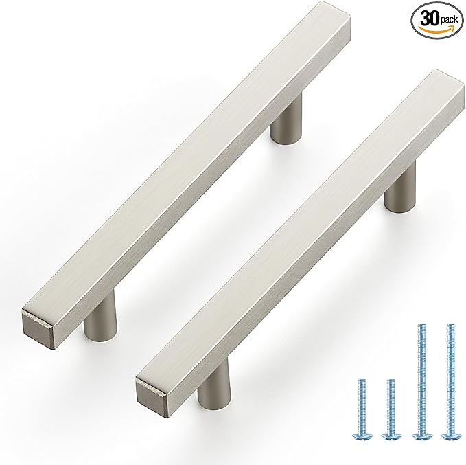 JOY DECOR 30 Pack 3-3/4 Inch Brushed Nickel Square Cabinet Handles Stainless Steel Cabinet Hardware Pulls for Kitchen and Drawers with 6 Inch Overall Length