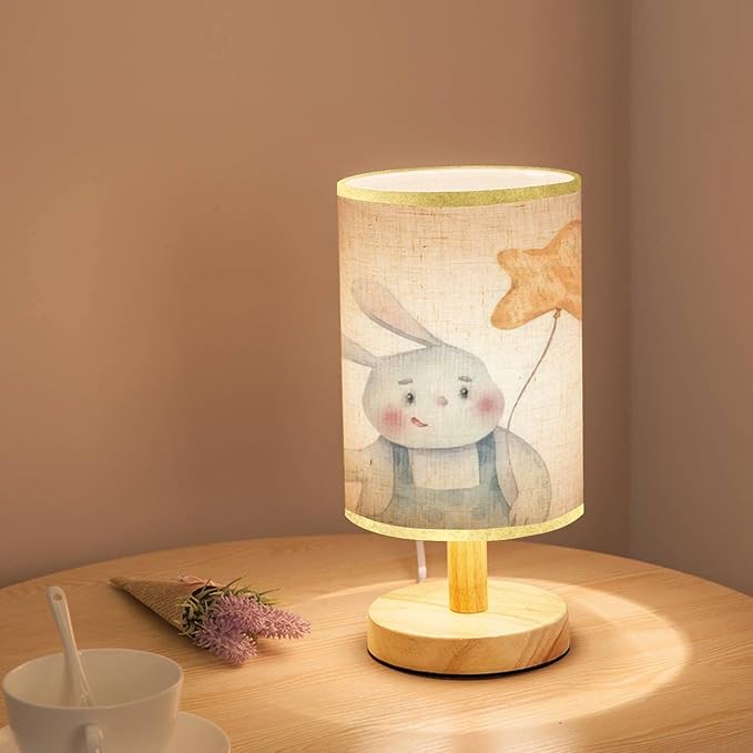 Minimalist Bedside Table Lamp cute childrens bunny holding colored holiday balls in hands holiday Wood Nightstand Lamp Bedside Desk Lamp Wood Base Flaxen Fabric Shade for Bedroom Living Room