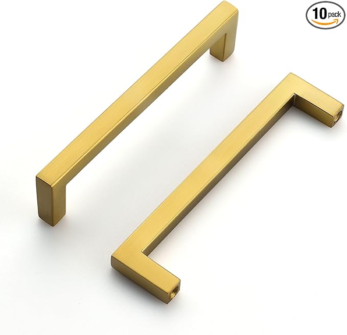 Ravinte 10 Pack Solid Kitchen Cabinet Handles Gold Slim Cabinet Pulls Drawer Pulls with 4 Inch Hole Center Square Bar Kitchen Cabinet Hardware Brushed Brass Cabinet pulls