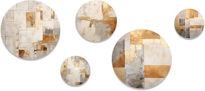 DesignQ Traditional Metal Wall Art Decor Set - Beige Metal Wall Art For Living Room - Serene Art Of Modern Scandinavian In Minimalism Set Of 5 round metal - 80" wide x 36" high - 5 metal wall Panels