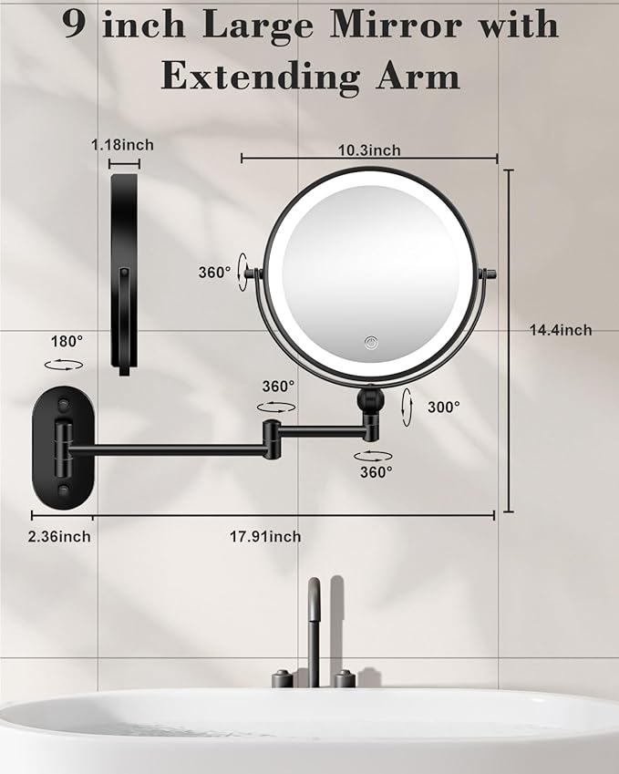 30X/1X Wall Mounted Lighted Makeup Mirror, 9'' Height Adjustable Double Sided 5000mAh Rechargeable Magnifying Bathroom Mirror with Light, 3 Color Modes Touch Dimmable Extended Arm 360 Rotation