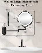 30X/1X Wall Mounted Lighted Makeup Mirror, 9'' Height Adjustable Double Sided 5000mAh Rechargeable Magnifying Bathroom Mirror with Light, 3 Color Modes Touch Dimmable Extended Arm 360 Rotation
