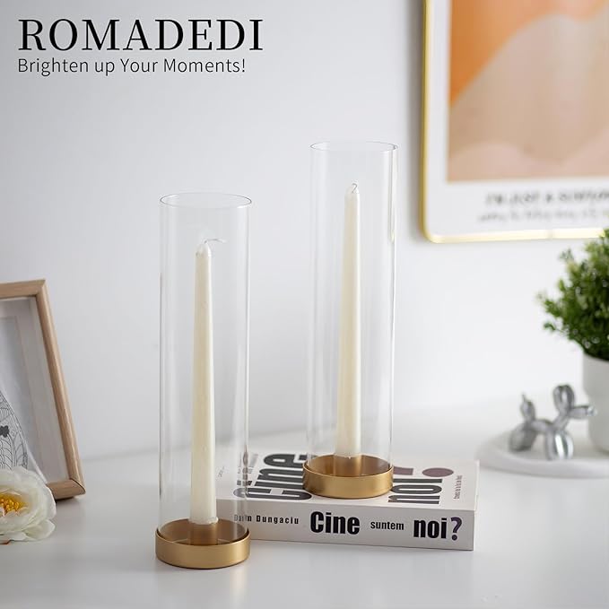 Romadedi Candlestick Candle Holders Hurricane Glass - 12 Inch Clear Gold Taper Candle Holders for Table Centerpiece Wedding Party Birthday Christmas Decor Home Decorations, Set of 2