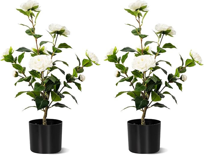 Artificial Camellia Tree 2 Pack, Artificial Plants Outdoor Faux Floral Plant in Cement Pot Fake Silk Camellia Tree Plants for Home House Living Room Office Decor