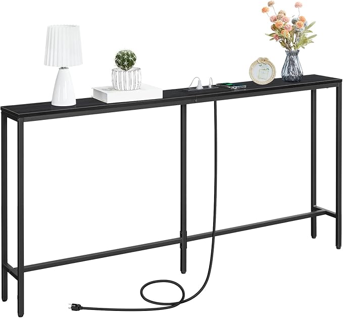 63" Console Table with Power Outlet, Narrow Sofa Industrial Entryway Behind Couch Table with USB Ports for Entryway, Hallway, Foyer, Living Room, Bedroom, Black CTHB16E01