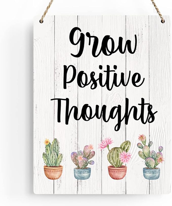 Rustic Grow Positive Thoughts Wood Hanging Sign, Farmhouse Summer Artwork Decor, Cactus and Succulent Wooden Plaque Sign Wall Art Decor Signs Home Decoration 8 x 10 Inches