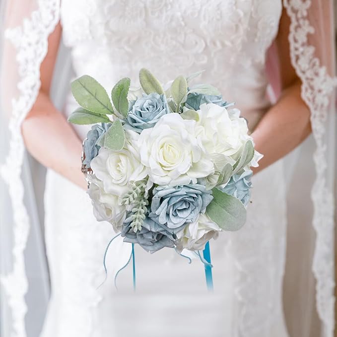 Artificial Rose Wedding Bouquets - Ribbon Faux Bridal Bouquets for Bride & Bridesmaid - Holding Flower for Wedding Decor