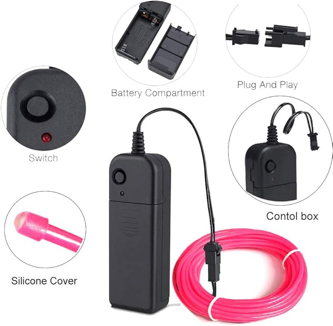MaxLax EL Wire Pink, 32.8ft/10m Portable Battery Pack Neon Light Strip 360° Cuttable Glowing Rope Lights for Parties, Halloween, DIY Decoration