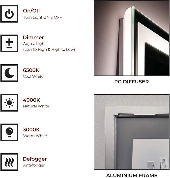 Fab Glass and Mirror LED Mirror 40x32 Inches, Led Bathroom Mirror with Lights Front and Backlit Anti-Fog Memory Brightness, Three Color Options Frameless Wall Mounted Bathroom Vanity Mirror