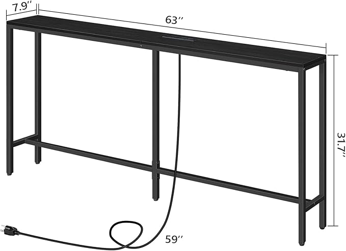63" Console Table with Power Outlet, Narrow Sofa Industrial Entryway Behind Couch Table with USB Ports for Entryway, Hallway, Foyer, Living Room, Bedroom, Black CTHB16E01