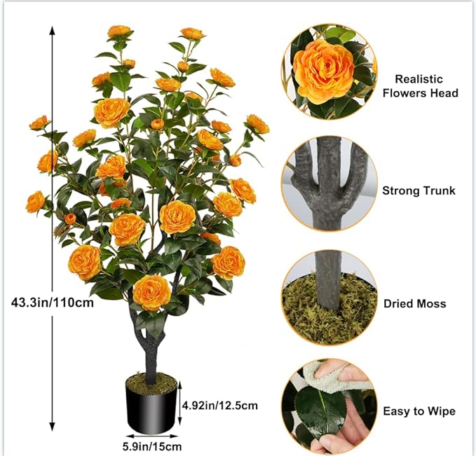 43.3"/3.6FT Artificial Tree with Camellia Flowers Fake Fall Tree with 32 Blooming Flowers Orange Tree for Autumn Home Front Door Outdoor Indoor Decor (Including Dried Moss)