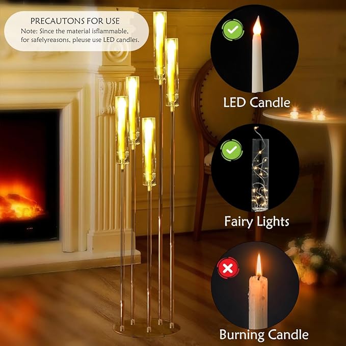 2pcs 5 Arm Floor Candelabra,Acrylic Floor Candle Holder for Wedding Centerpiece Tall Clear Candle Holders for Ceremony Birthday Party Home Decoration Fit 0.8 LED Candles