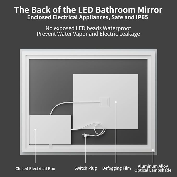 Koonmi 40x60 LED Bathroom Mirror, Backlit + Front Lit, LED Bathroom Mirror with Lights for Wall, 3 Colors, Anti-Fog, Dimmable Brightness, Memory Function, Tempered Glass