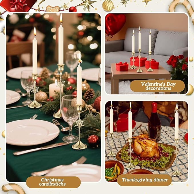 3 Pcs Christmas Candle Holders 3 Size Gold Taper Candlestick Holders Set Vintage Decorative Centerpiece for Table Mantel Wedding Housewarming Thanksgiving Gifts (Snowflake)