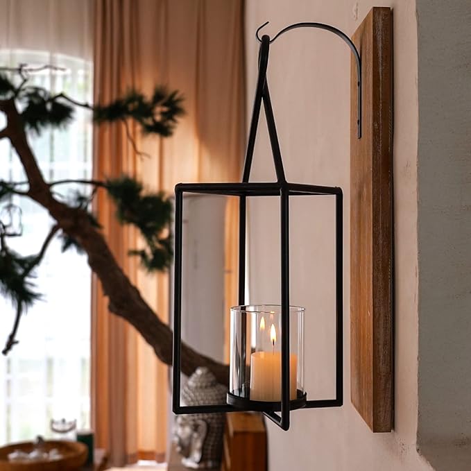 Homemory Wall Candle Sconce, Wood Rustic Candle Holder Decorative Candle Lantern with Glass Holder, Wall Decorations for Living Room, Dining Room