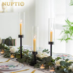 NUPTIO Black Candlestick Holders for Centerpiece: Set of 3 Hurricane Taper Holder with Windproof Glass Cover Long Stem Cylinder Metal Candle Sticks Stands for Halloween Christmas Table Decoration