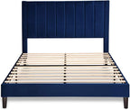 Allewie Full Platform Bed Frame/Velvet Upholstered Bed Frame with Vertical Channel Tufted Headboard/Strong Wooden Slats/Mattress Foundation/Box Spring Optional/Easy Assembly/Navy Blue