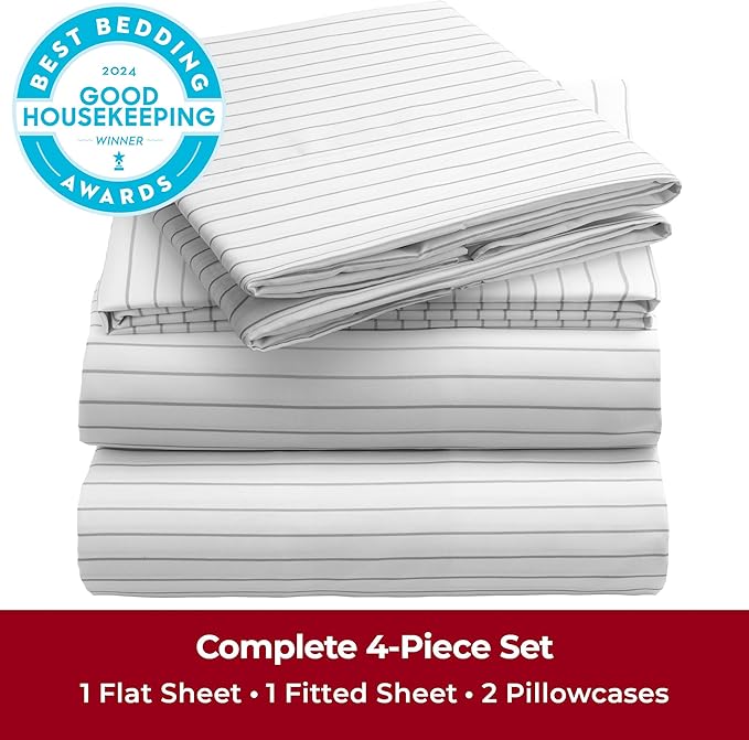 Mellanni Queen Sheets Set - 4 PC Iconic Collection Bedding - Hotel Luxury, Extra Soft, Cooling Bed Sheets - Wrinkle, Fade, Stain Resistant (Queen, Pin Stripe Gray)