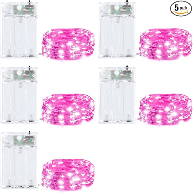 5 Pack Fairy Lights Battery Operated, 7 Feet 20 Led String Lights with Timer, Waterproof Firefly Lights on Silver Wire for Home Party Wedding Christmas Decorations, 6 Hours on/18 Hours Off, Pink