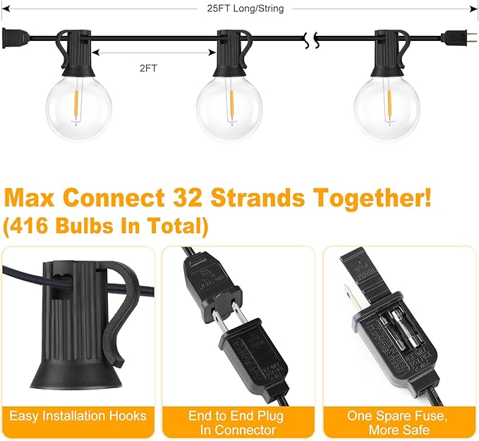 25FT Outdoor G40 LED Globe String Lights Dimmable Waterproof Shatterproof Light Strings with 13 Bulbs Connectable Commercial Hanging Lights for Christmas Patio House Backyard Balcony Party