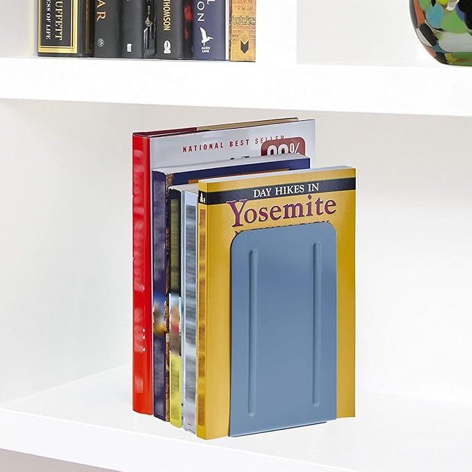 Acrimet Metal Bookends, Non-Skid Book Stand for Shelves, Heavy Duty Book Stopper, 6-7/8" H x 4" W x 4-1/2“ D, Blue, 1 Pair