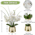 Artificial White Phalaenopsis Orchid Flower Arrangements Faux Orchid Flower in Gold Pot Orchid Centerpiece for Dining Room Table