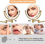 8" Wall Mounted Lighted Makeup Mirror with Magnification Rechargeable, 1X/10X Double Sided, 3 Color Lighting Touch Dimmable 360 Swivel Extendable Arm Vanity Shaving Mirror, Brushed Moderne Brass