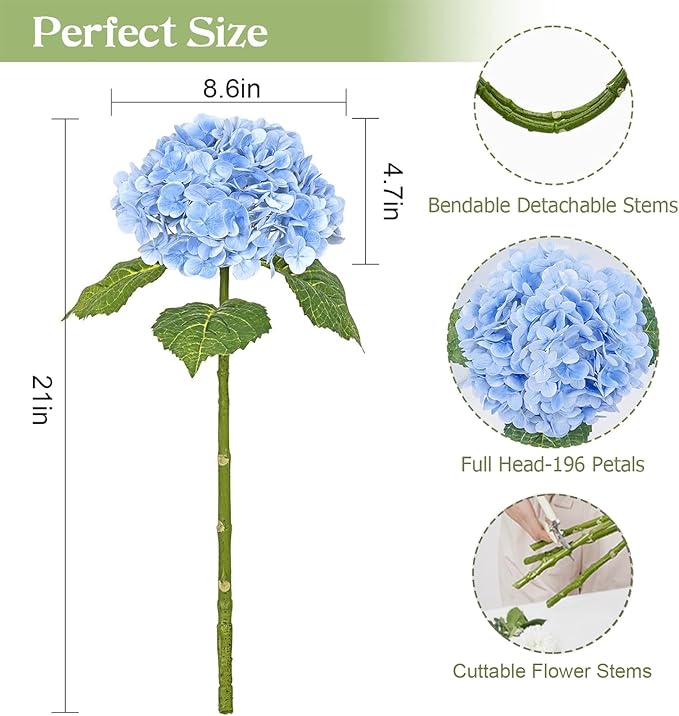 4Pcs Real Touch Hydrangea Artificial Flowers, Blue White Fake Hydrangea Flowers, 21" Lifelike Latex Faux Hydrangea Flowers for Wedding Bouquet Home Decor Centerpieces