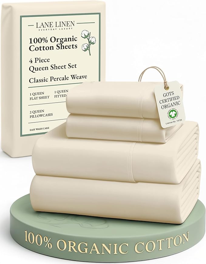 LANE LINEN 100% Organic Cotton Queen Sheets, 4Pc Cotton Sheets Set, Classic Percale Weave Bedsheets Queen Size Bed, Soft Breathable Sheet & Pillowcase Sets, Deep Pocket 15" - Natural