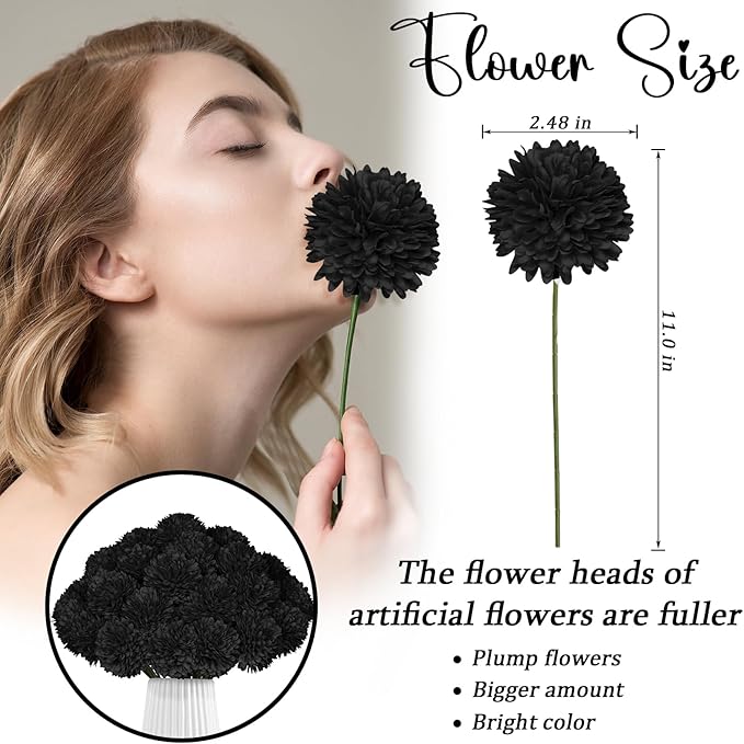 36 Pcs Black Artificial Chrysanthemums Flowers Ball Flower Silk Fake Mums Flowers for Halloween Ghothic Home Decor Indoor Floral Arrangement Table Centerpiece
