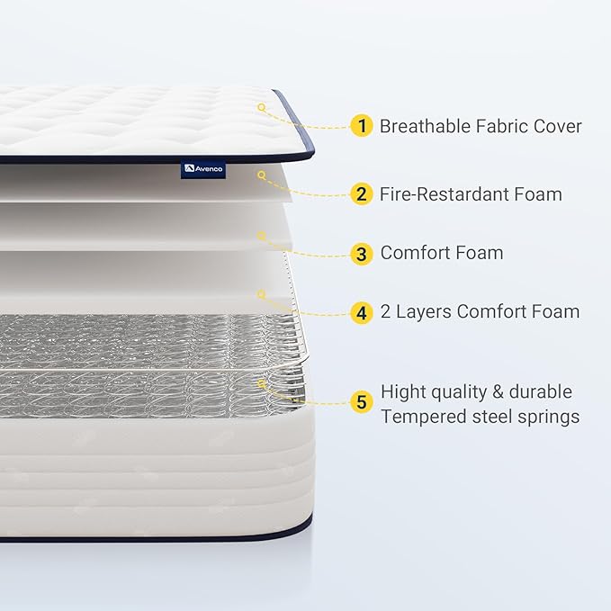 Avenco 6 Inch Twin Mattress, Foam and Spring Hybrid Mattresses in a Box, Medium Soft, Breathable Fabric & Adaptive Support, CertiPUR-US Certified, Twin Size Mattress in Guest and Kids Bedroom