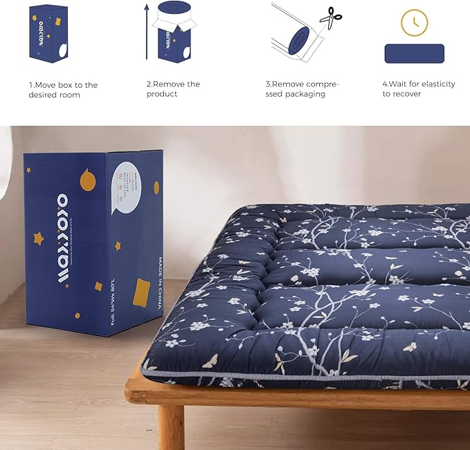 MAXYOYO Japanese Floor Mattress Navy Floral Printed Futon Mattress Foldable Floor Bed Roll Up Camping Mattress Floor Lounger Queen Size Bed Mattress