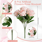 Artificial Roses Bouquets - 8 Bundles Fake Silk Flowers Realistic Faux Florals Bulk for Wedding Bridal Party Baby Shower Event Home Arrangements Centerpieces Decorations (Pink)