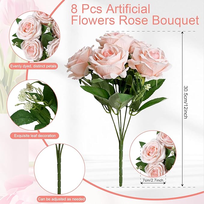 Artificial Roses Bouquets - 8 Bundles Fake Silk Flowers Realistic Faux Florals Bulk for Wedding Bridal Party Baby Shower Event Home Arrangements Centerpieces Decorations (Pink)