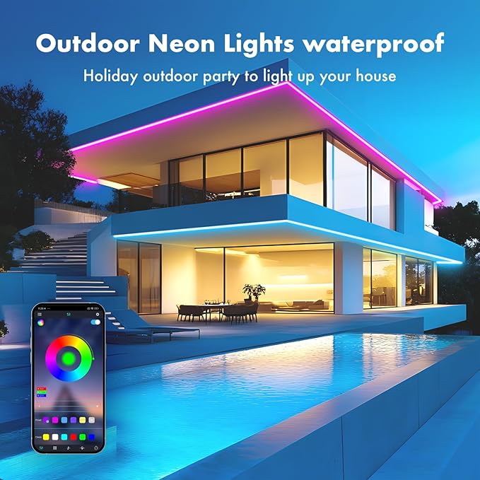 Neon Rope Lights, 50FT RGB Led Strip, Waterproof IP67, DIY Design, Music Sync, 44 Keys Remote Control, Multiple Modes, for Living Room, Bedroom, Holiday Decoration